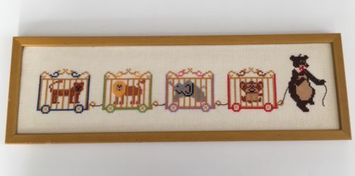 Whimsical Child's Circus Train in Completed Cross Stitch Picture Bear Elephant
