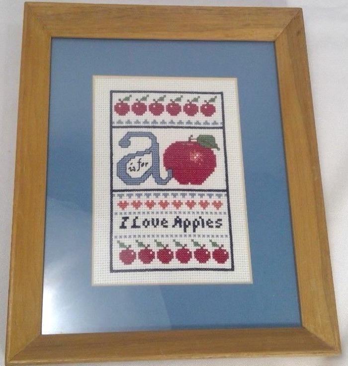 finished cross stitch A Is For Apple professionally framed I Love Apples 9 x 11