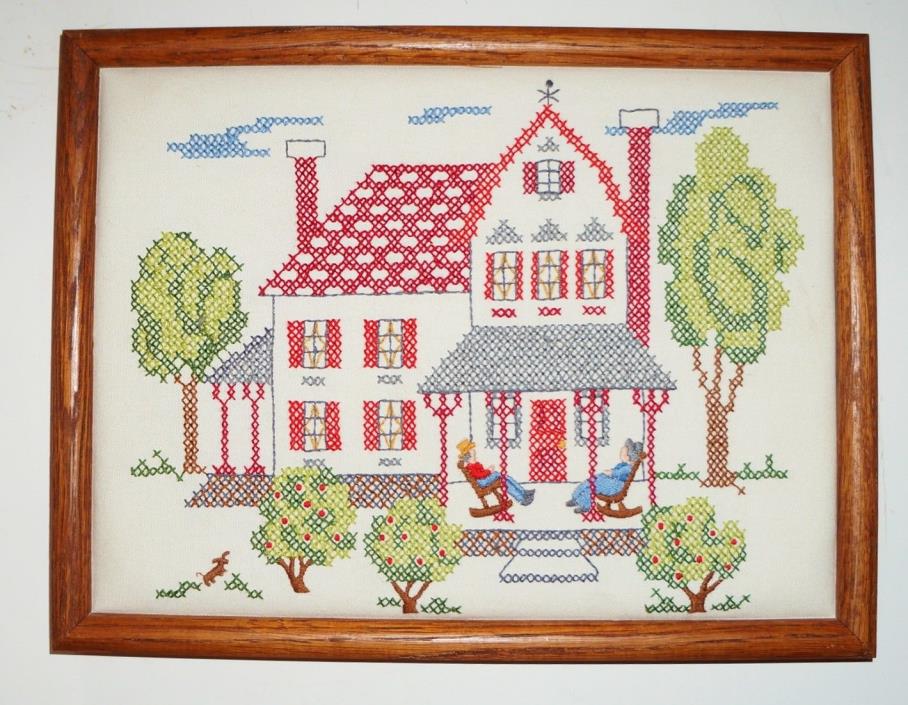 Completed Vintage Cross Stitch Needlepoint Sampler Folk Art  Home 8 x 12 Framed