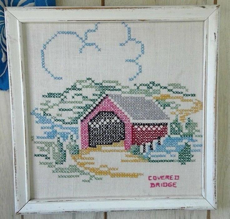 finished cross stitch 'Covered Bridge' white wooden frame diestressed 11