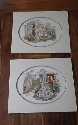 Two finished Paula Vaughan cross stitch Spring Remembered 1 & 2 matted 16x13