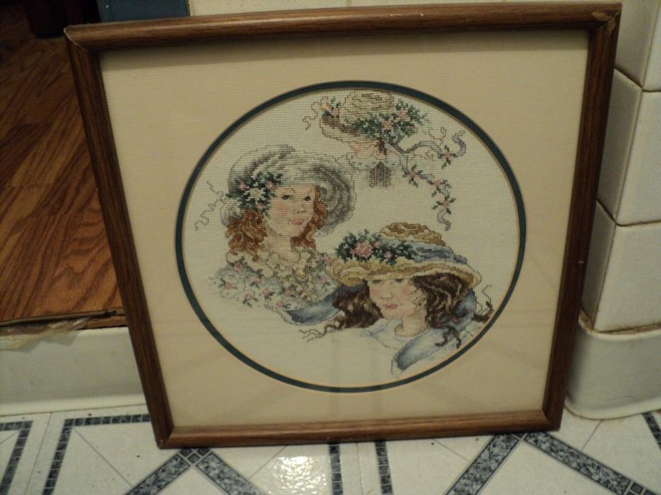 Finished Framed Counted Cross Stitch 3 ladies with hats