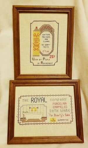 Vintage Handmade Framed Cross Stitch Advertisement Bath Picture Lot - Set of 2