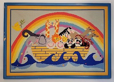 Noah's Ark Cross Stitch completed framed rainbow dove olive branch baby nursery