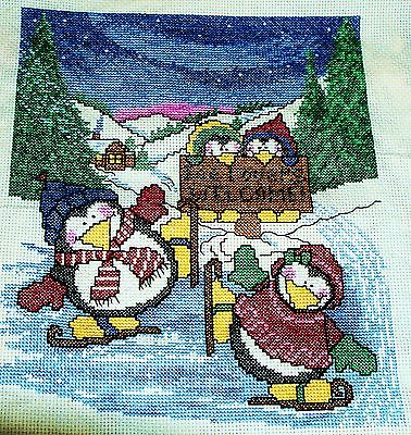 Winter Finished cross stitch piece-Skating Penguins/ cute/ winter