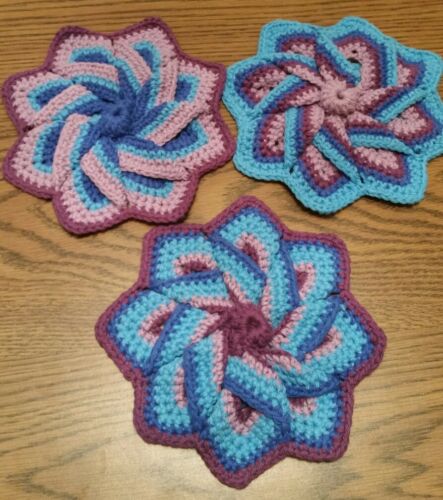 Set Of 3 Teal Purple Blue Thick Star Hand Crocheted Dish Hot Pad Trivets
