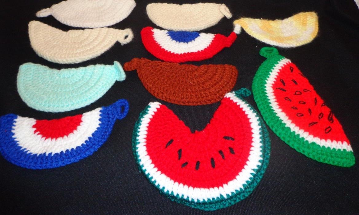 POT HOLDERS HAND CROCHETED LOT OF 10 SEVERAL COLORS AND SHAPES