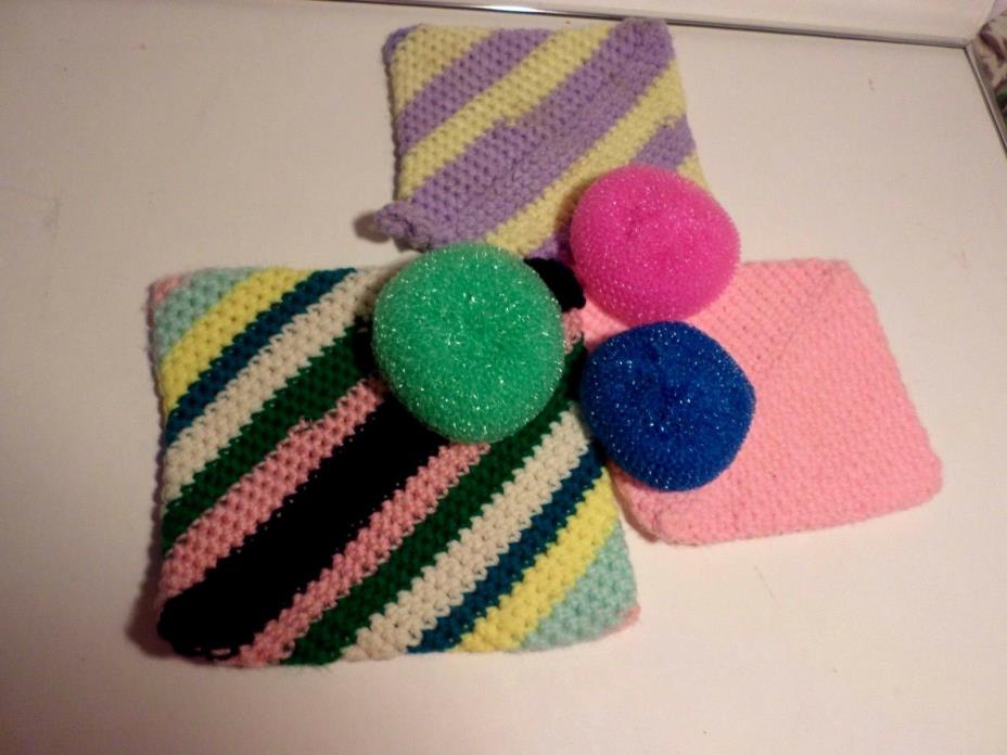 Vintage Handmade Crocheted Double Thick Hot Pad Pot Holder AND 3 Scrubbers
