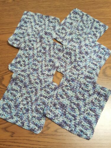 Set Of 6 8X8 Blue Multi-Color Soft Poly-cotton Dish Wash Cloths Hand Crocheted