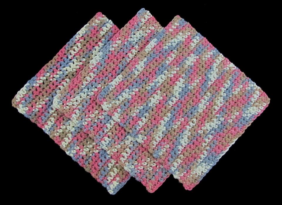 3 Handmade Cotton Hand Crochet Dishcloths Washcloths BLUE MAUVE ROSE WHITE BROWN