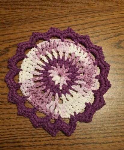Pretty Purple White Cotton Hand Crocheted Dish Hot Pad Trivet