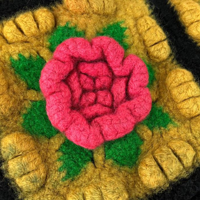 Vintage handmade Boho afghan granny square crochet blanket rosette/ rose flower