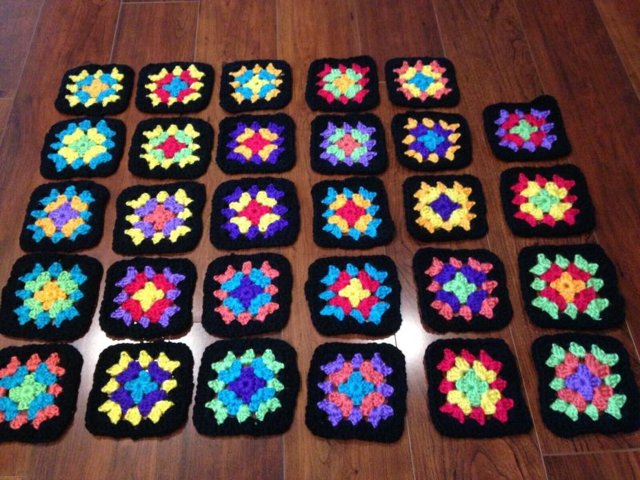 Hand Crocheted Granny Squares Multi Color Brights & Black Crafts 4