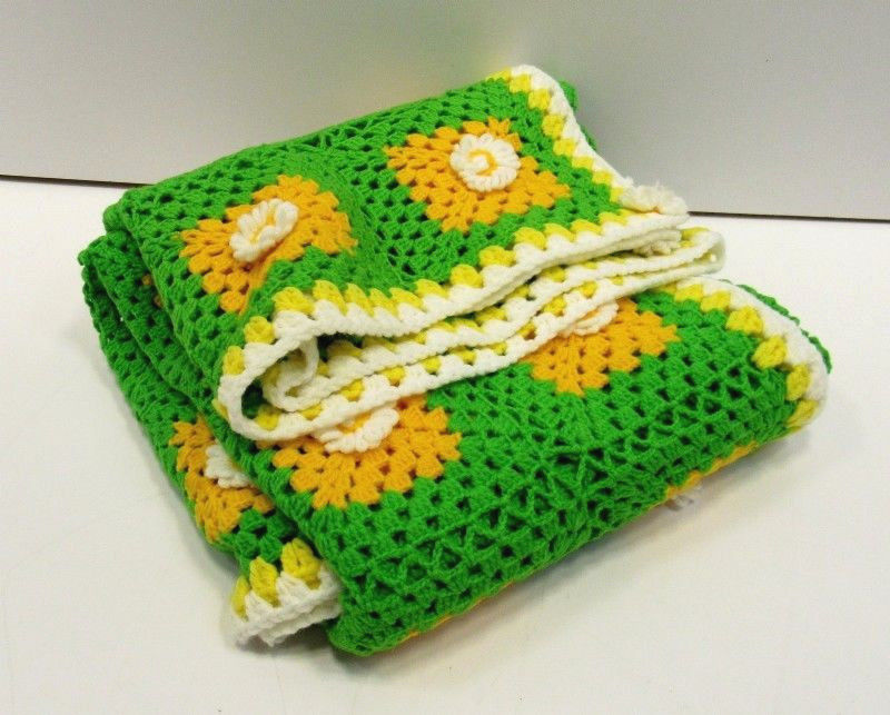 Handmade Crochet GreenOrangeYellow White Granny Square Afghan Throw20