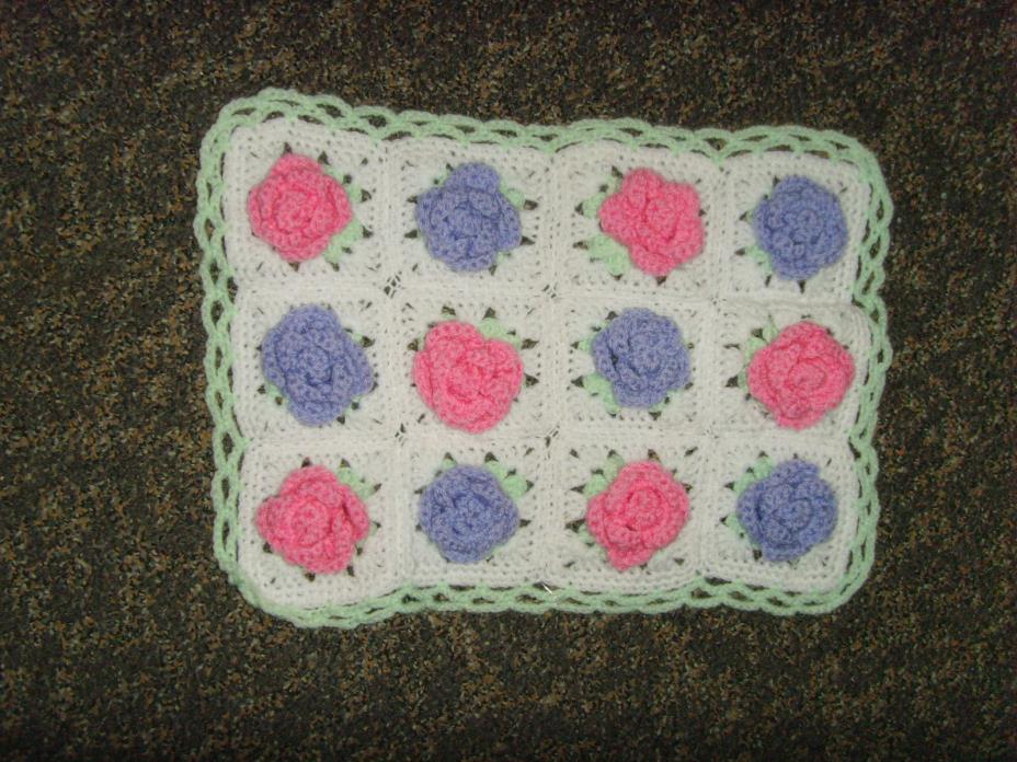 16x11 pink and lavender roses small afghan doll size vintage handmade blanket