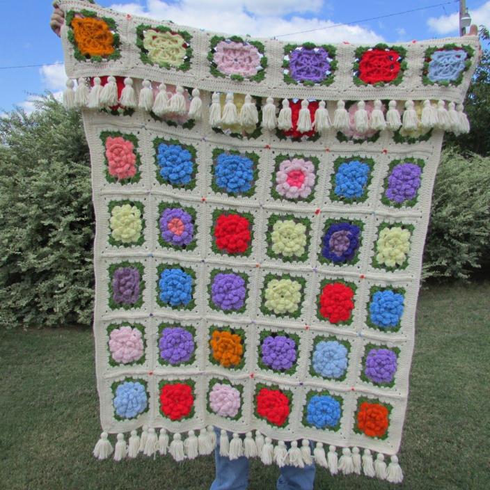 Vintage Crochet Granny Square Afghan 3D FLOWERS Tassels Handmade Blanket Throw