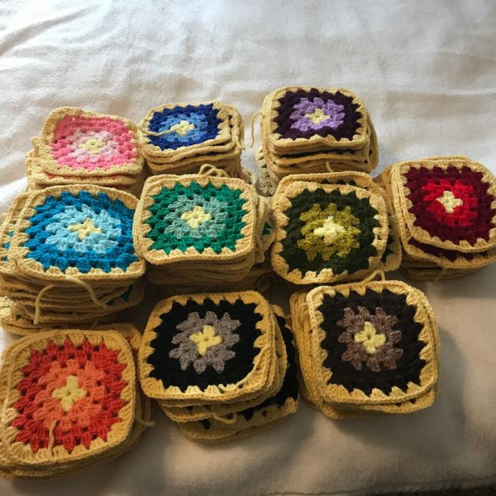 180 Crochet Granny Squares Loose Lot Yellow Multi Color for Afghan or Crafts