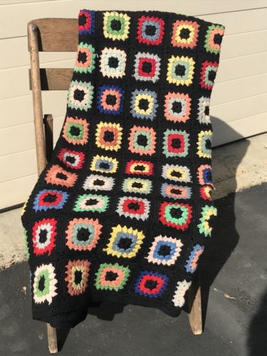 Vintage Granny Square Crochet Throw Afghan 62x48 Multi-Colors w/ Black Handmade