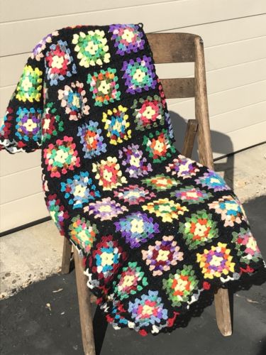 Vintage 70x45 Granny Square Handmade Crochet Afghan Throw Multi-Colors w/ Black