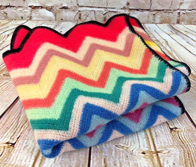 Vintage Multi Colored Crochet Granny Afghan Ringer Zig Zag Chevron Throw Blanket