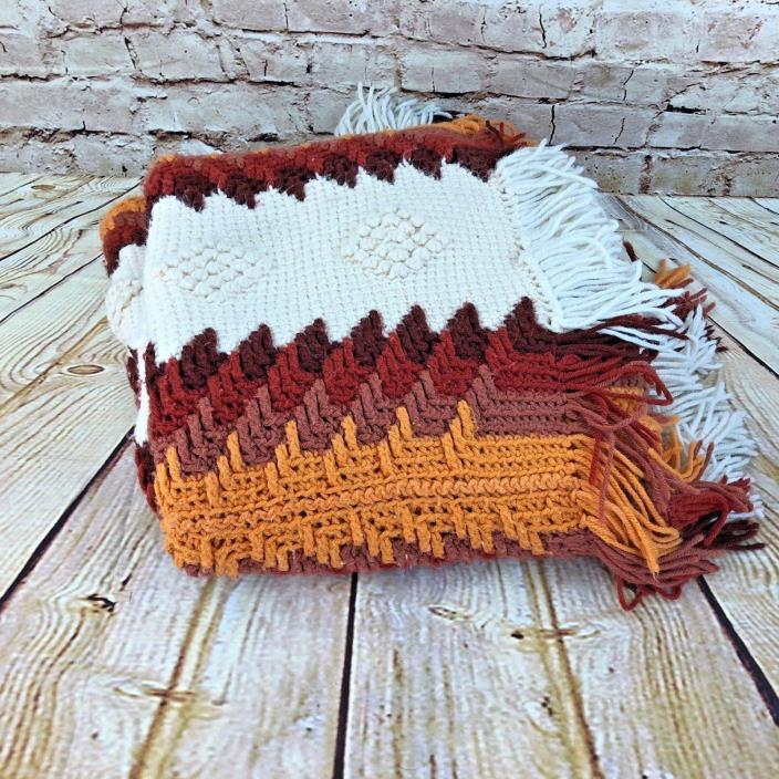 VTG granny Hand Crochet Chevron Afghan retro mid century Blanket Throw 64 X 60