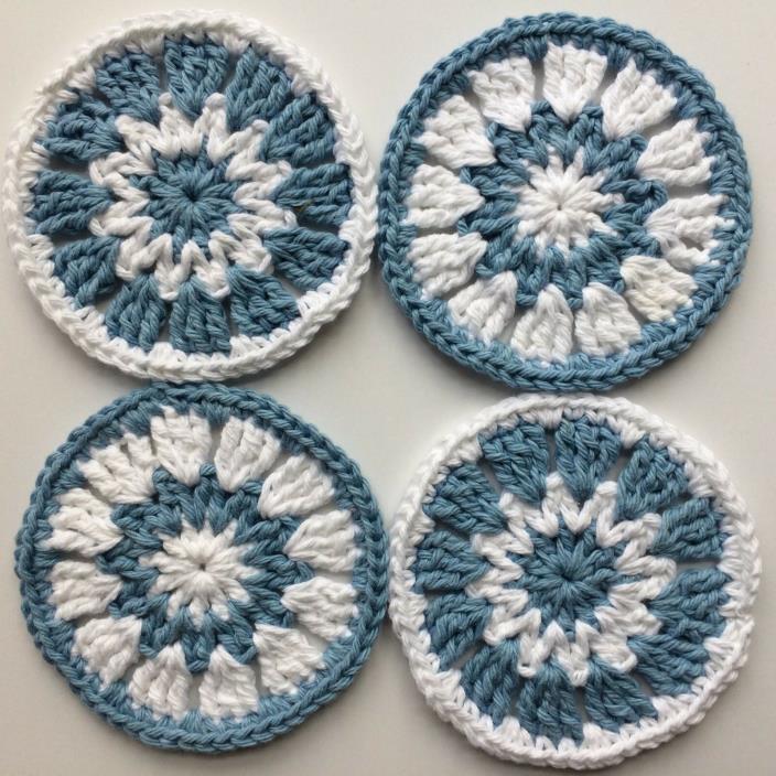Handmade Crochet Round Mandala Coasters - Set of 4 - Blue/White - 100% Cotton