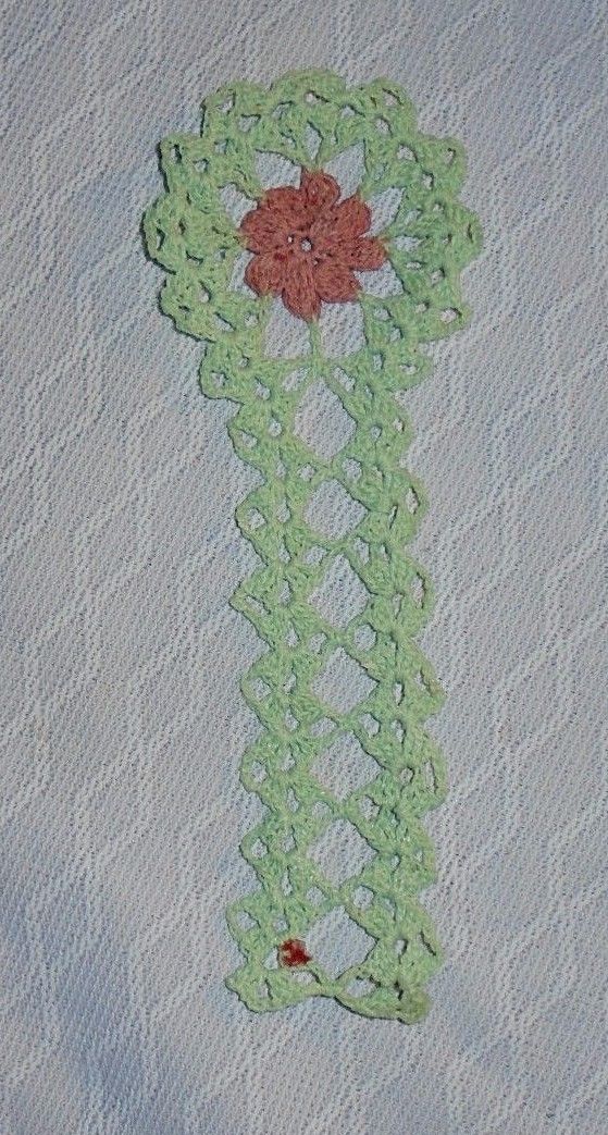 Crocheted bookmark or wall hanging, light green, mauve, starched, 9