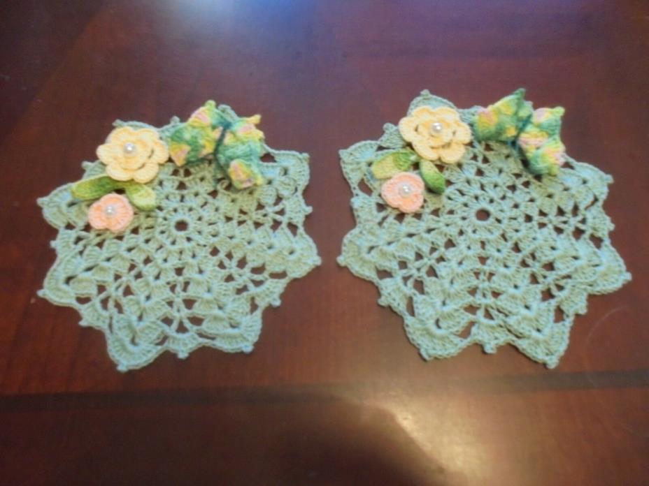 NEW Hand Crochet Doily Coaster Set of Two (2) Antique Green Flowers Butterfly