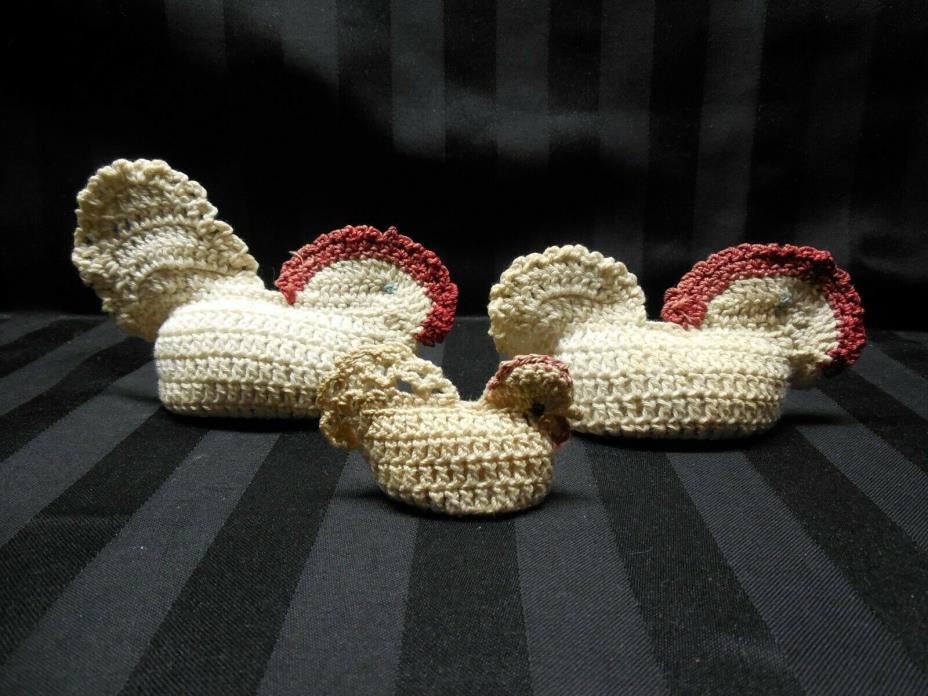 Lot of 3 Antique Handmade Crocheted Stuffed Chickens Spring Easter Decor