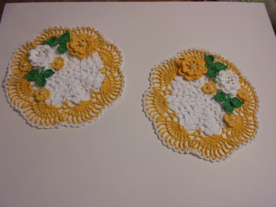 Hand Crochet Doily Set of Two (2) Beaded Flowers White and Yellow Brand New!