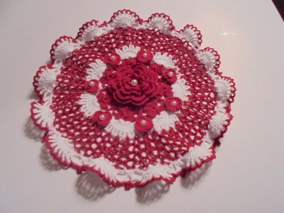 NEW Hand Crochet Doily Red/White Shabby Chic Ruffles Flowers
