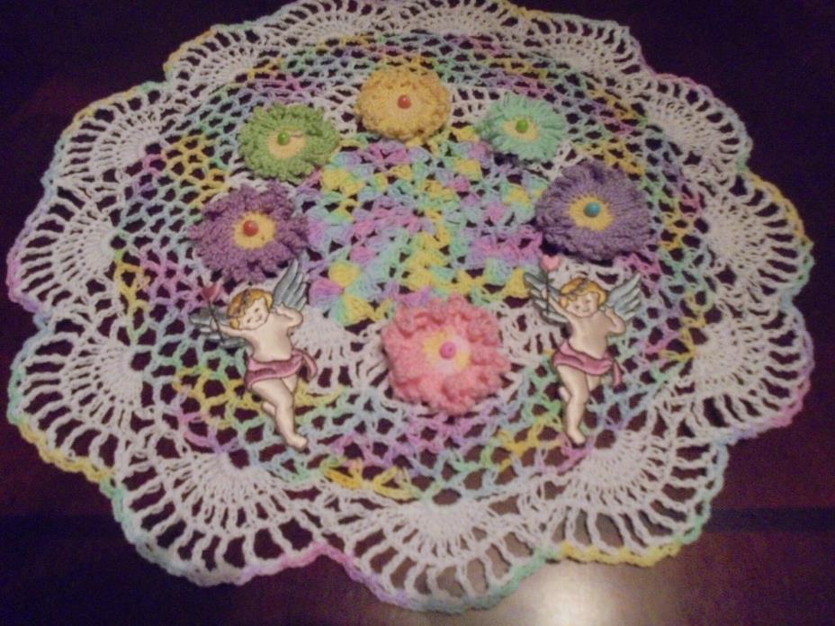 NEW Hand Crochet Doily Centerpiece Flowers & Cherubs Shaded Pastels