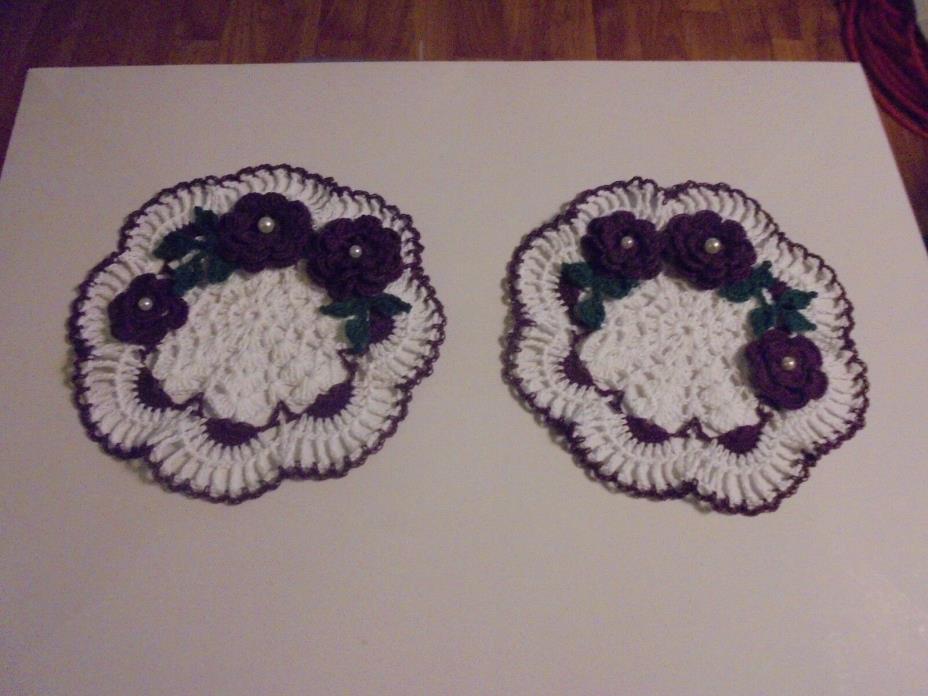 Crochet Doily Coaster Set White w/French Lilac Crochet Beaded Rose Flowers NEW
