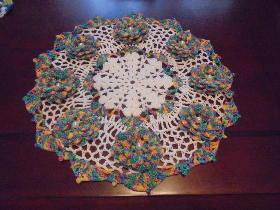New Hand Crochet Novelty Gift Doily Centerpiece Flowers Pearls Teal Orange White