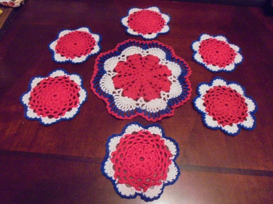 New Hand Crochet  Patriotic Doily & 6 Coasters Mini Doilies Red-White-Blue  GIFT
