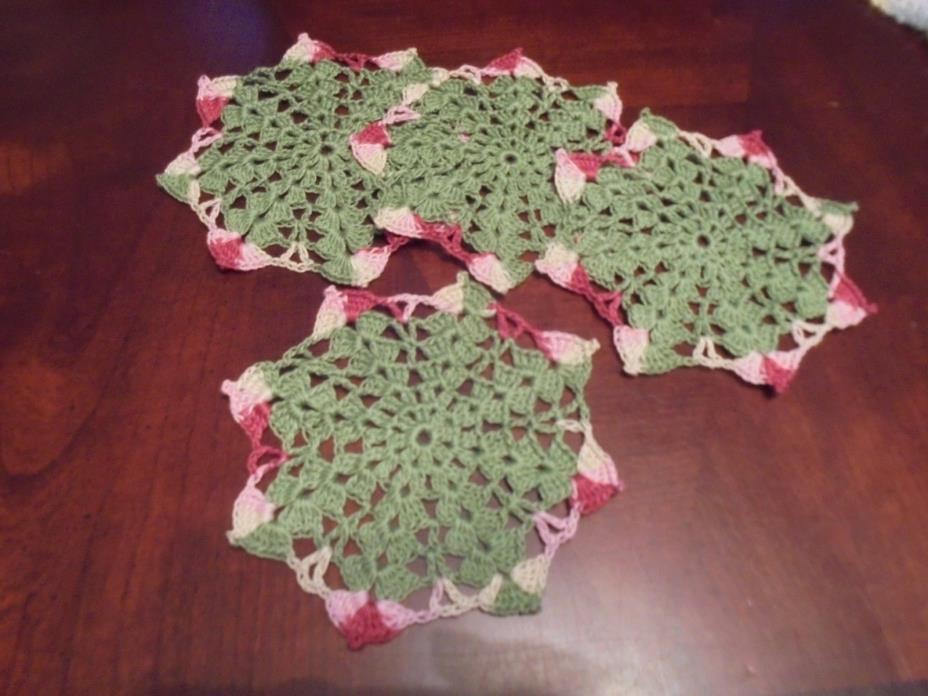 New Hand Crochet Matching Lot of 4 Doilies Coasters Antique Green and Waterlily