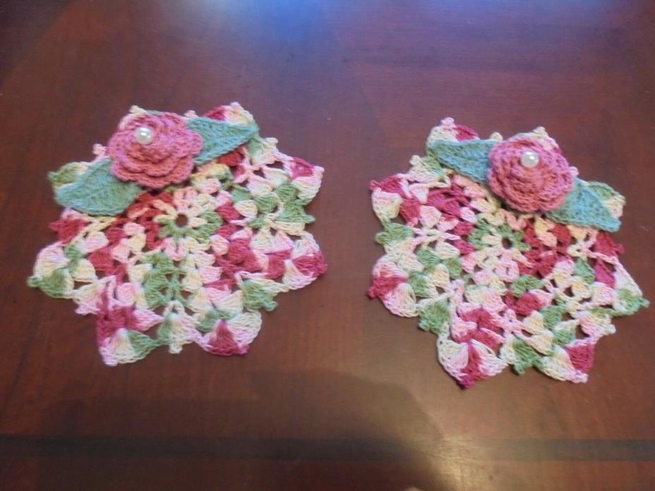 NEW Hand Crochet Doily Coaster Set of Two (2) Multi Antique Look Flowers Beads