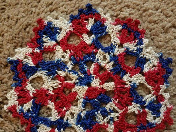 Red, white, and blue Cosmos Small Doily.  Handcrocheted doily.  Home decor.