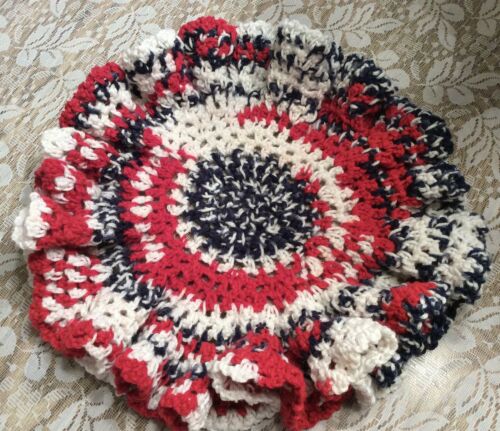 16” Elegant Red White And Blue Round Hand Crafted Crochet Cotton Doily