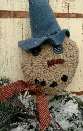 Primitive Snowman Hooked Rug Ornament