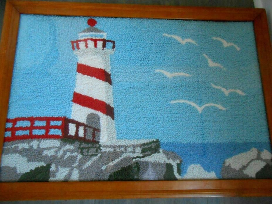 Vintage hand hooked large nautical rug framed 38X28 Maine lighthouse wool