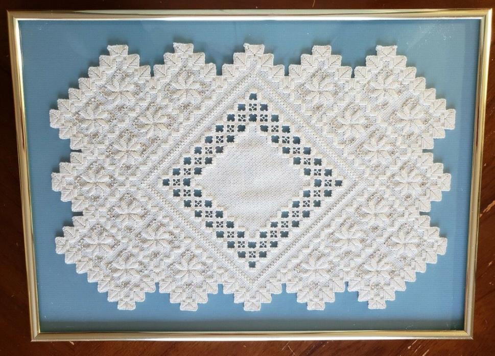 Hardanger Embroidery Runner with metallic thread FRAMED COMPLETED 16x12