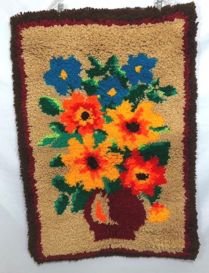 Vintage Floral Latch Hook Rug Wall Hanging 23 1/2 x 33 1/2 Flowers Handmade