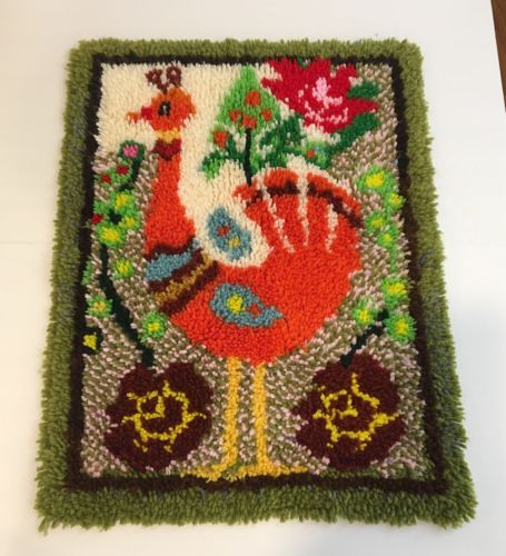 Vtg Bird Latch Hook Rug Completed 27” x 20” Wall Hanging Flowers