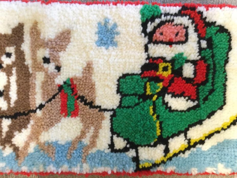 Vintage Completed Latch Hook Rug Christmas Theme with Santa Sleigh & Reindeer
