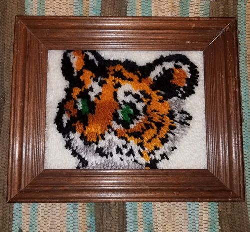 Vintage Tiger Cub Shaggy Latch Hook Wall Hanging Pillow Rug Finished