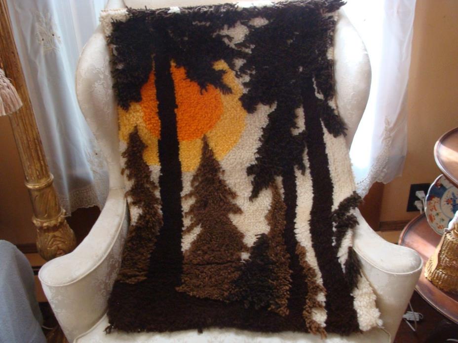 Vintage 1970s MCM RUG Trees Wall Hanging CABIN RETRO 24x35