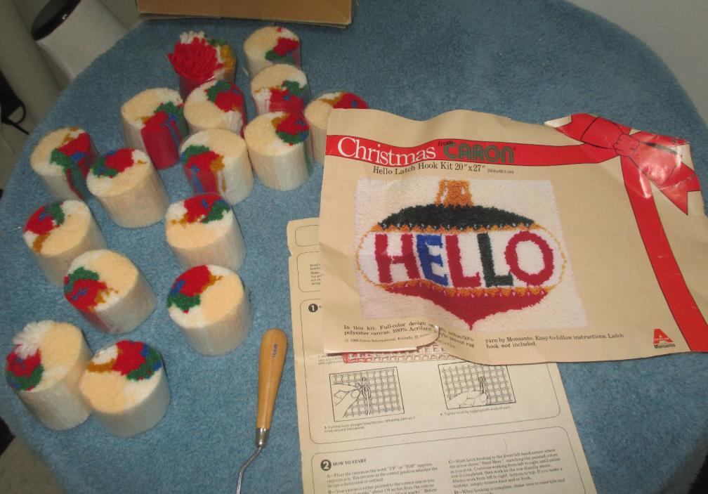 Vintage 1980 Caron Christmas Ornament Hello Latch Hook Rug Kit 20
