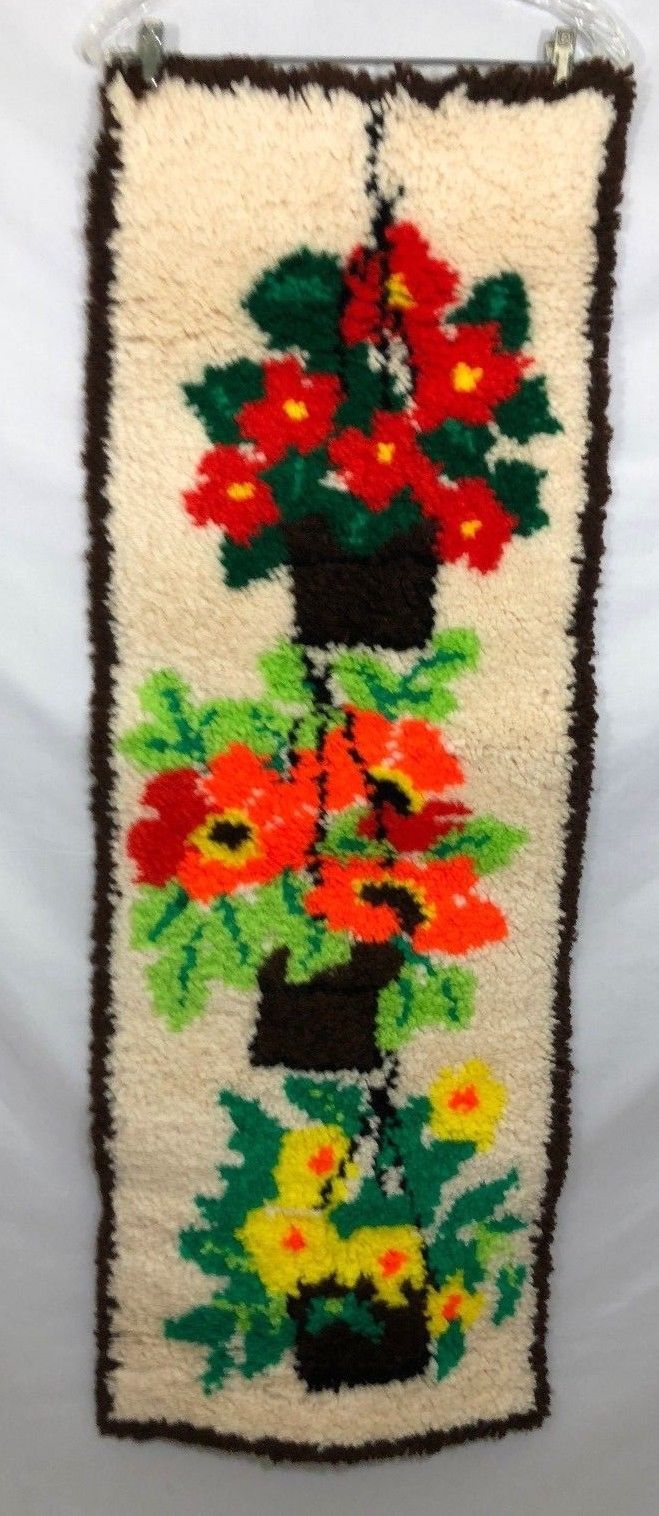 Vintage Flower Pots Latch Hook Rug Wall Hanging 45 1/2 x 16 Floral Handmade