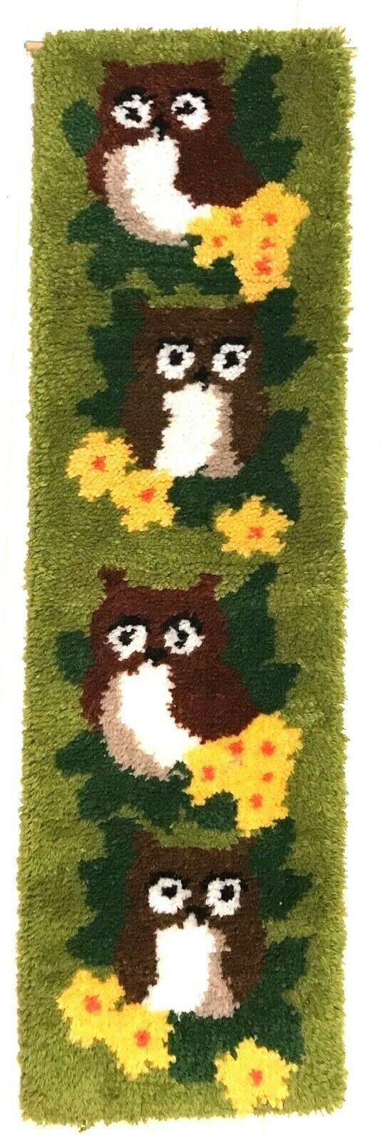 70s Owl Retro Latch Hook Rug Wall Hanging 46 x 13 Completed Retro 70s colors